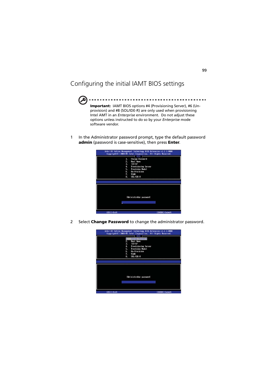 Configuring the initial iamt bios settings | Acer Altos G330 Series User Manual | Page 117 / 134