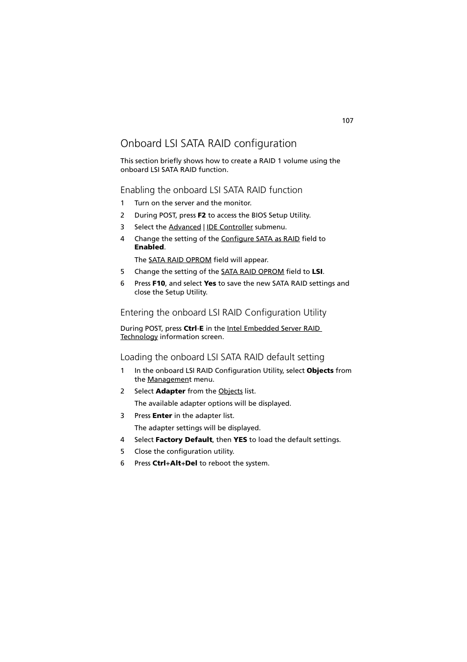 Onboard lsi sata raid configuration, Enabling the onboard lsi sata raid function, Loading the onboard lsi sata raid default setting | Acer Altos G330 Series User Manual | Page 125 / 134