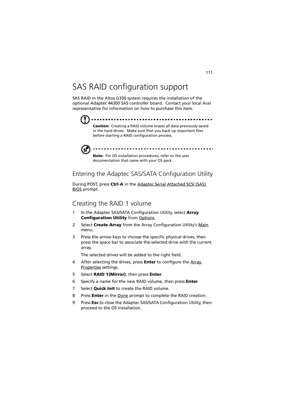 Sas raid configuration support, Creating the raid 1 volume, Configuration utility | Acer Altos G330 Series User Manual | Page 129 / 134