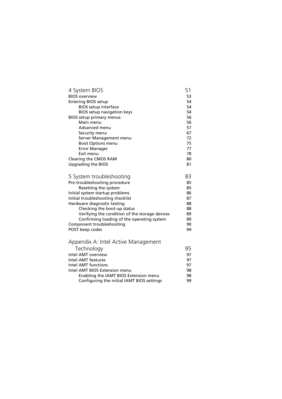 4 system bios 51, 5 system troubleshooting 83, Appendix a: intel active management technology 95 | Acer Altos G330 Series User Manual | Page 16 / 134