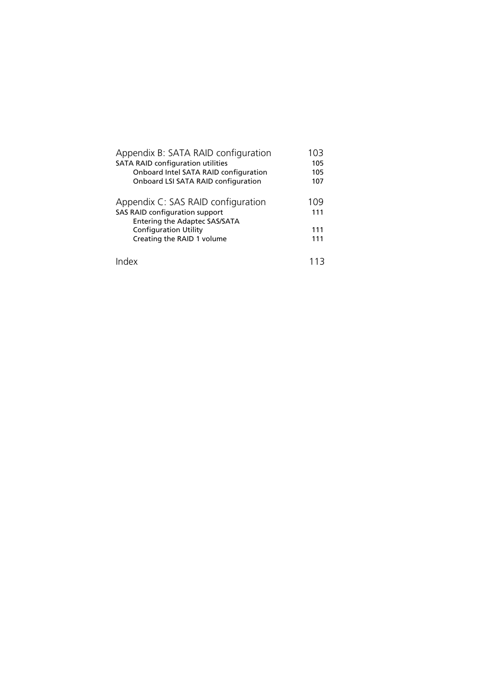 Appendix b: sata raid configuration 103, Appendix c: sas raid configuration 109, Index 113 | Acer Altos G330 Series User Manual | Page 17 / 134