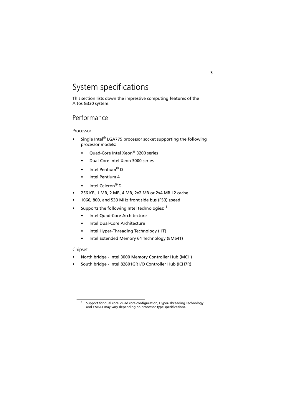System specifications, Performance | Acer Altos G330 Series User Manual | Page 21 / 134