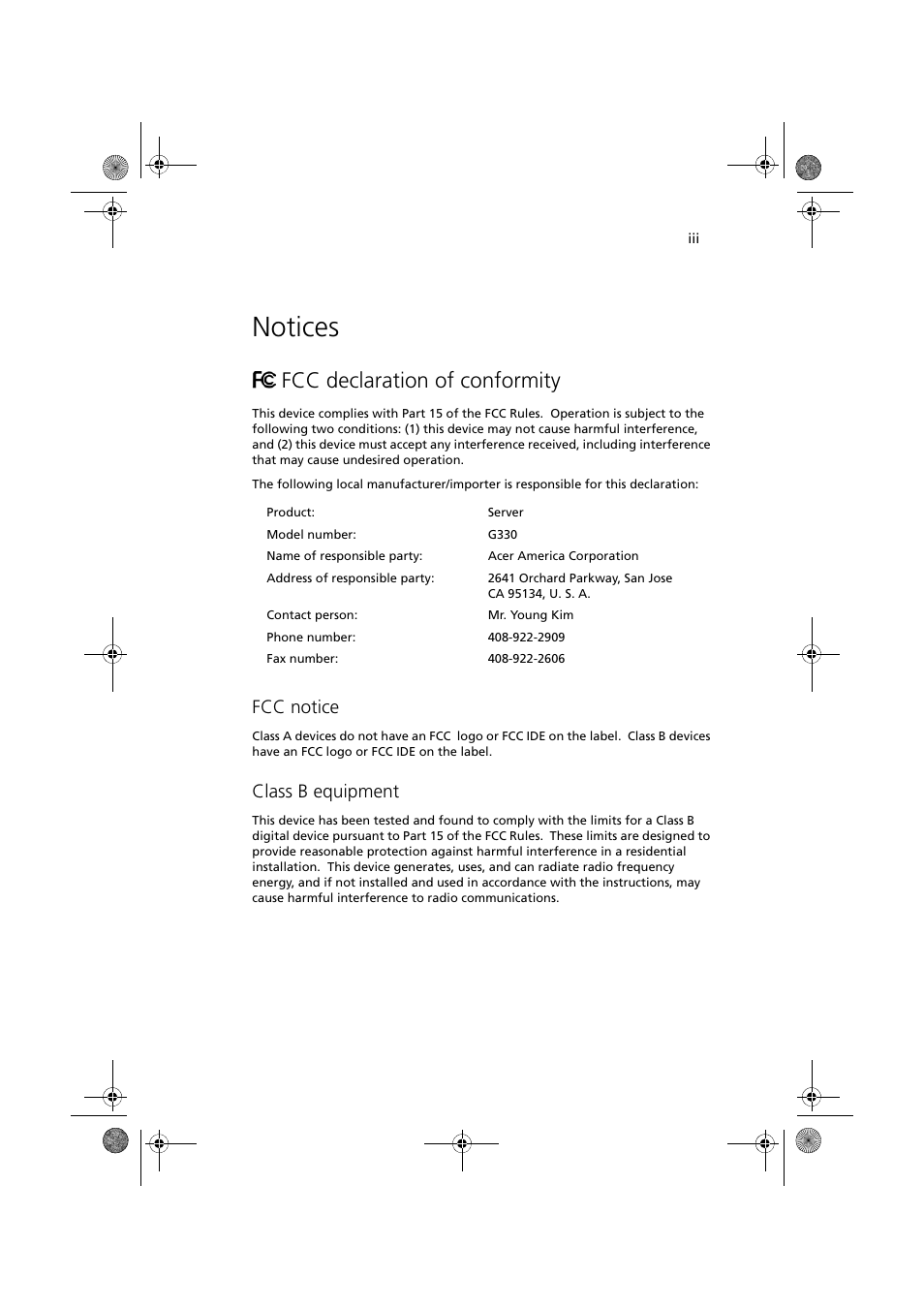 Notices, Fcc declaration of conformity, Fcc notice | Class b equipment | Acer Altos G330 Series User Manual | Page 3 / 134