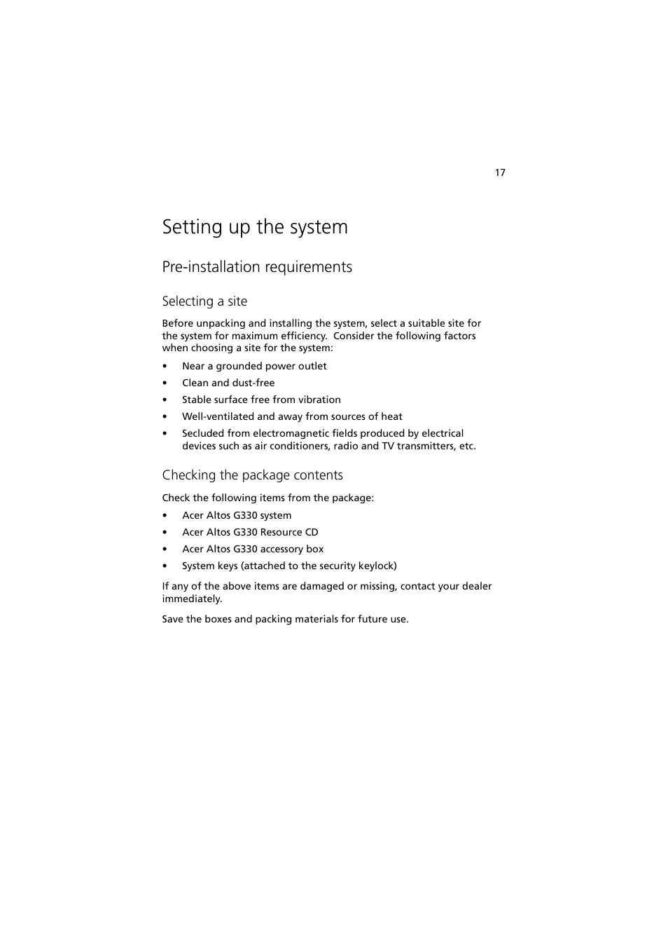 Setting up the system, Pre-installation requirements, Selecting a site | Checking the package contents | Acer Altos G330 Series User Manual | Page 35 / 134