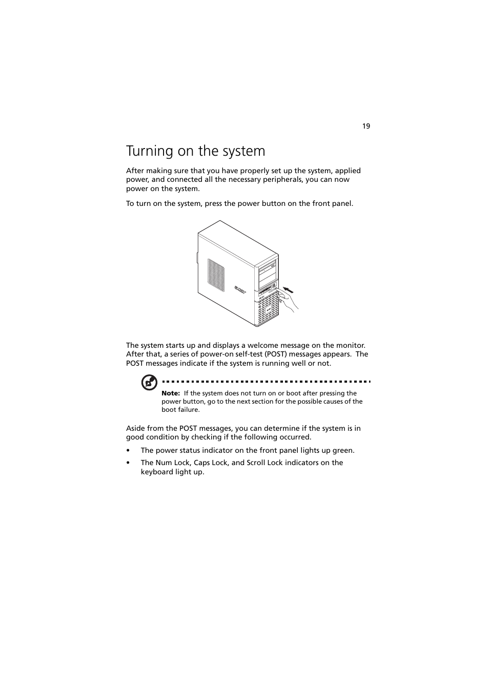 Turning on the system | Acer Altos G330 Series User Manual | Page 37 / 134