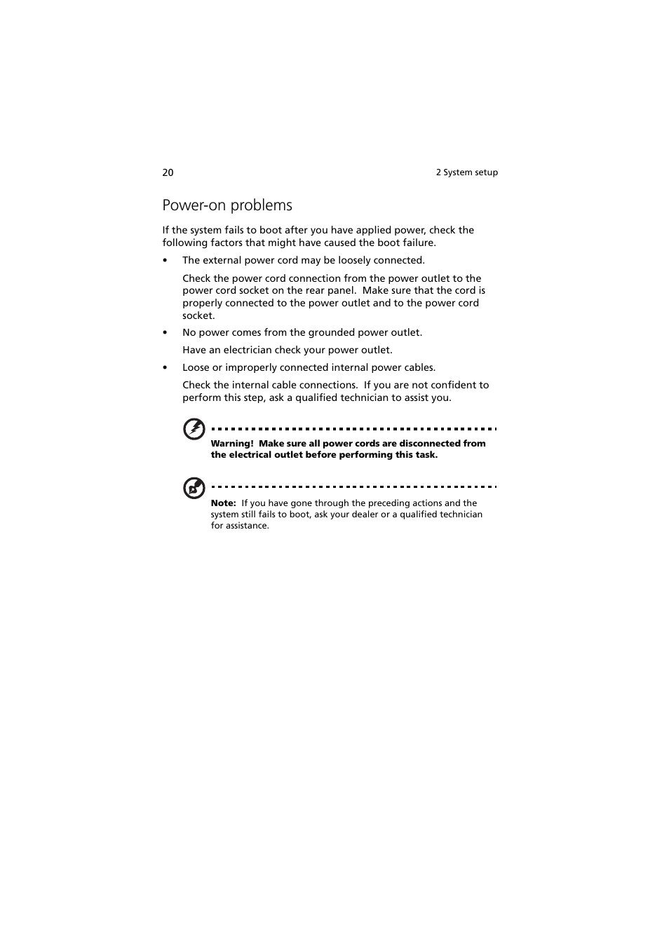 Power-on problems | Acer Altos G330 Series User Manual | Page 38 / 134