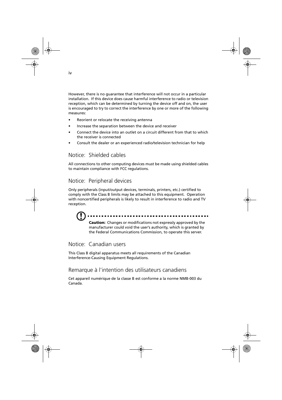 Notice: shielded cables, Notice: peripheral devices, Notice: canadian users | Remarque à l'intention des utilisateurs canadiens | Acer Altos G330 Series User Manual | Page 4 / 134