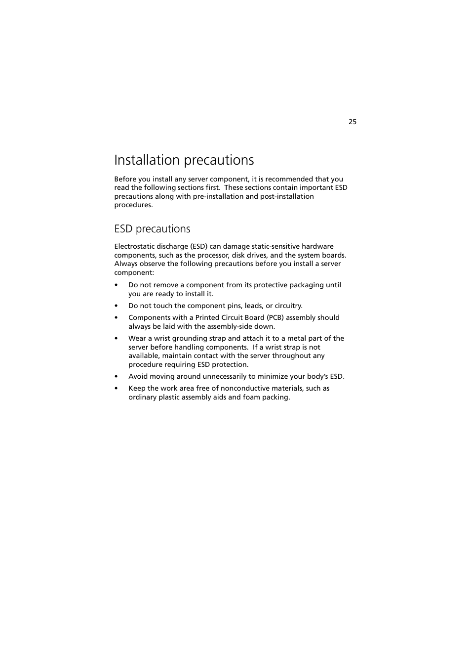 Installation precautions, Esd precautions | Acer Altos G330 Series User Manual | Page 43 / 134