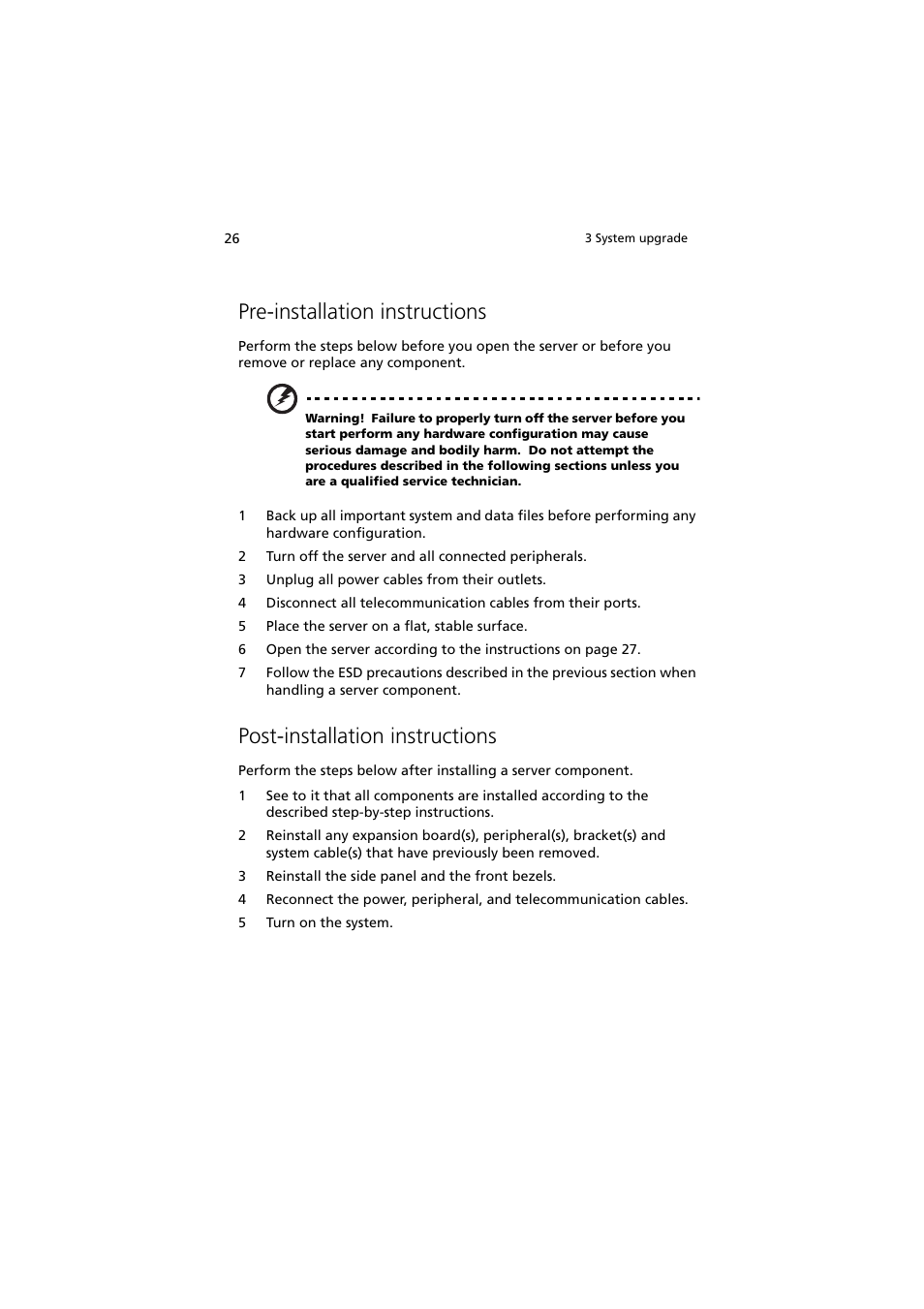 Pre-installation instructions, Post-installation instructions | Acer Altos G330 Series User Manual | Page 44 / 134