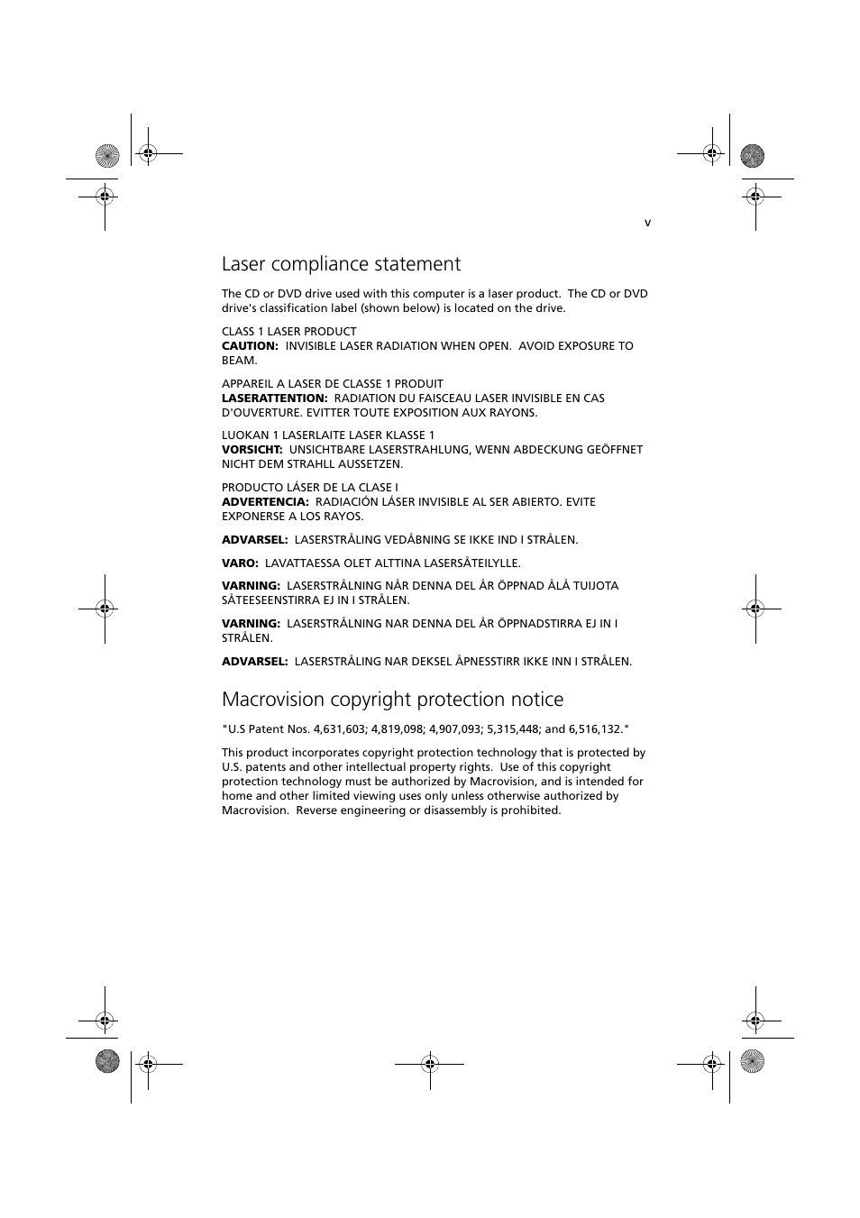 Laser compliance statement, Macrovision copyright protection notice | Acer Altos G330 Series User Manual | Page 5 / 134