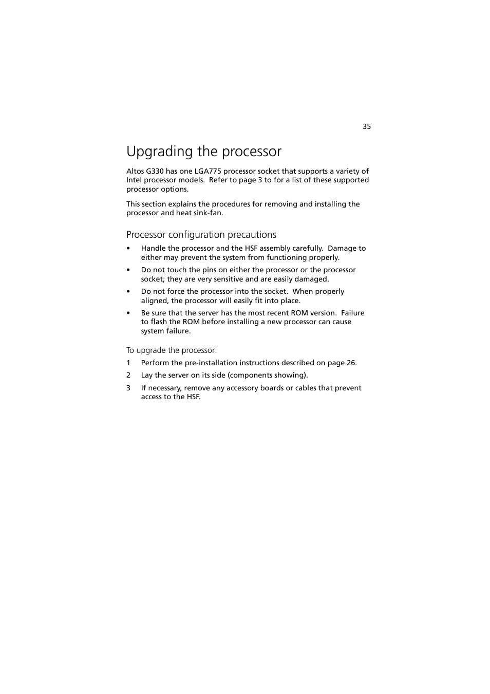 Upgrading the processor, Processor configuration precautions | Acer Altos G330 Series User Manual | Page 53 / 134