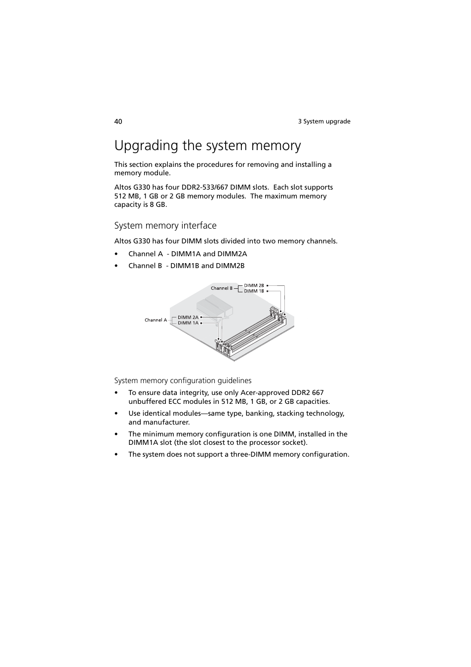 Upgrading the system memory | Acer Altos G330 Series User Manual | Page 58 / 134