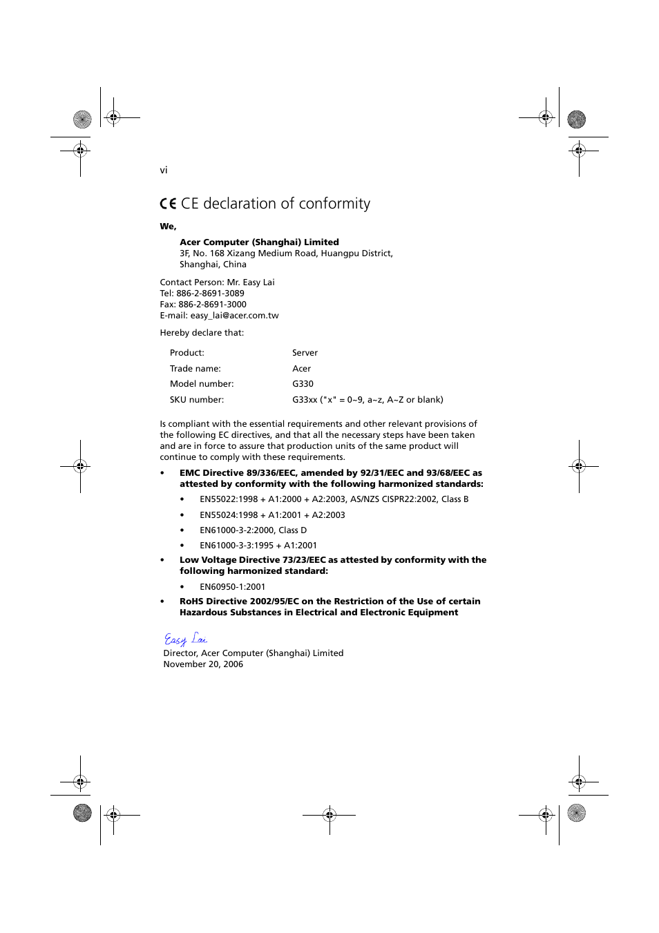 Declaration of conformity, Ce declaration of conformity | Acer Altos G330 Series User Manual | Page 6 / 134