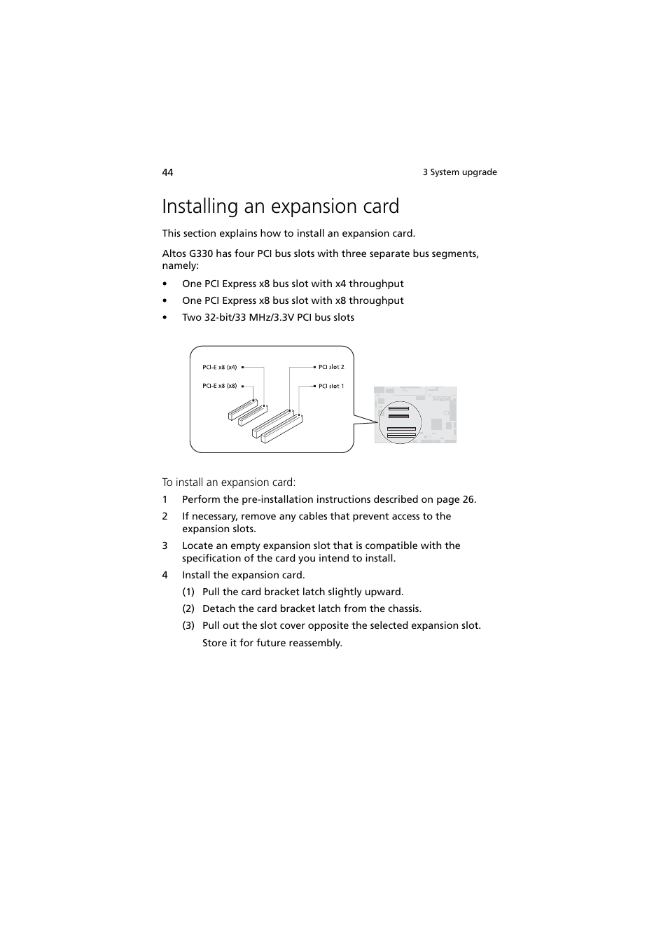 Installing an expansion card | Acer Altos G330 Series User Manual | Page 62 / 134