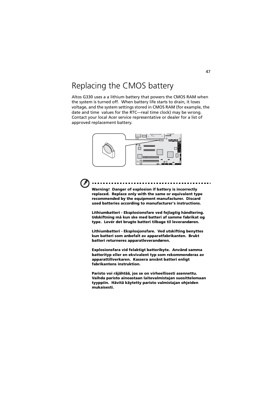 Replacing the cmos battery | Acer Altos G330 Series User Manual | Page 65 / 134