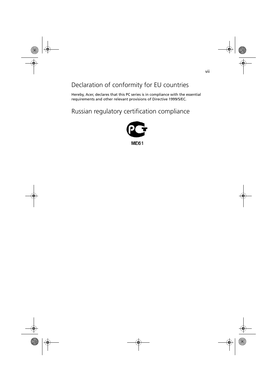 Declaration of conformity for eu countries, Russian regulatory certification compliance | Acer Altos G330 Series User Manual | Page 7 / 134