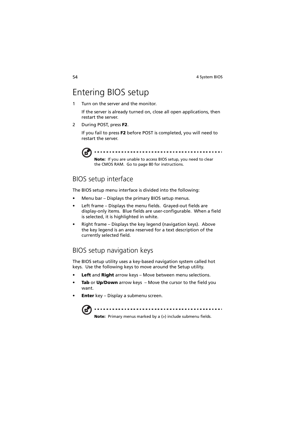 Entering bios setup, Bios setup interface, Bios setup navigation keys | Acer Altos G330 Series User Manual | Page 72 / 134