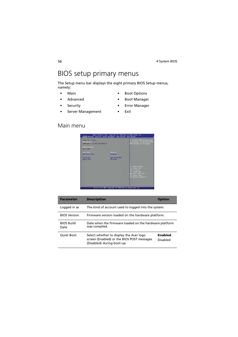 Bios setup primary menus, Main menu | Acer Altos G330 Series User Manual | Page 74 / 134