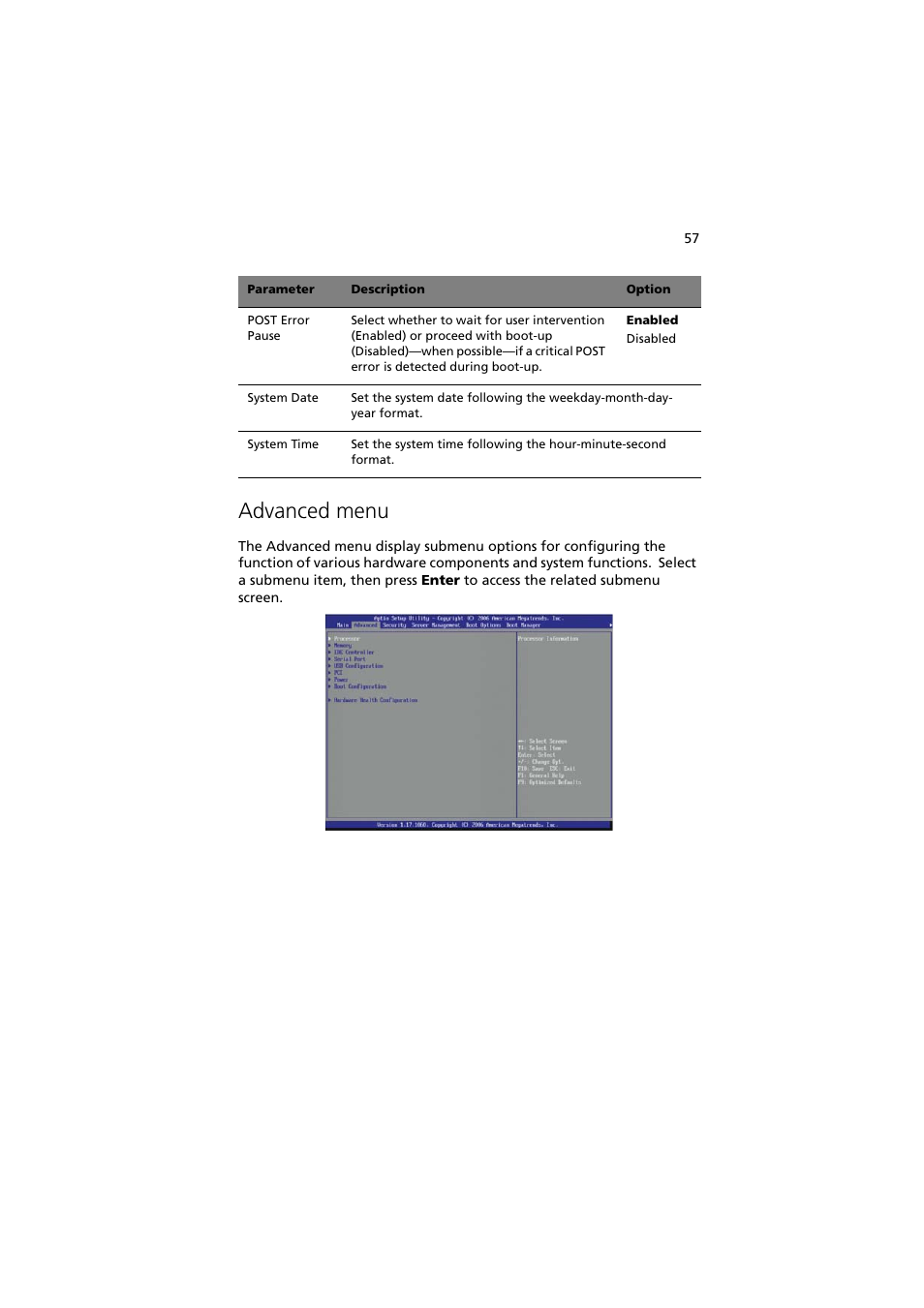 Advanced menu | Acer Altos G330 Series User Manual | Page 75 / 134