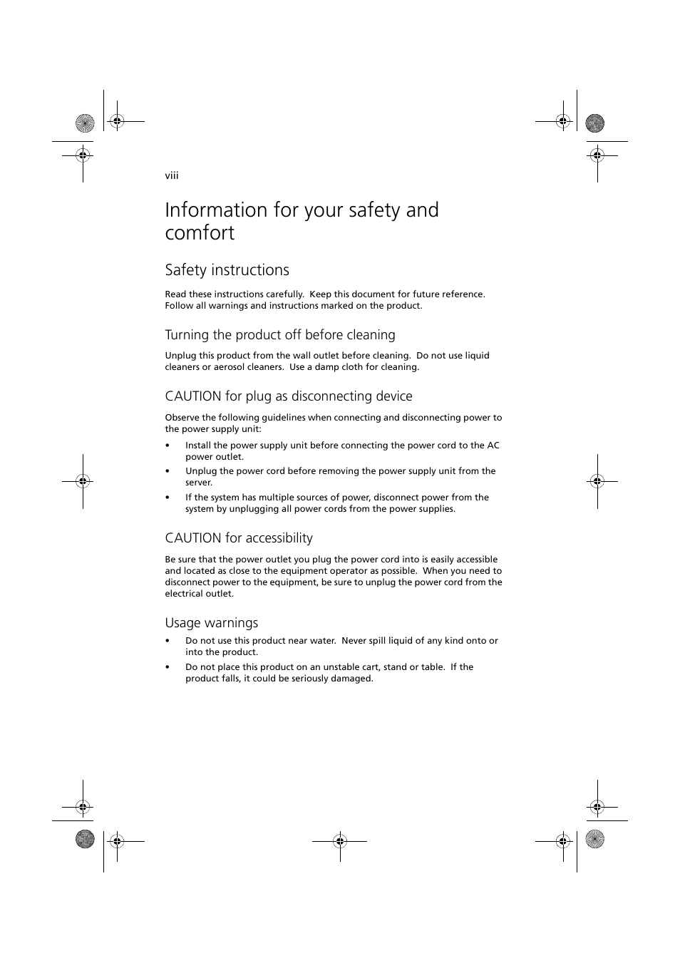 Information for your safety and comfort, Safety instructions, Turning the product off before cleaning | Caution for plug as disconnecting device, Caution for accessibility, Usage warnings | Acer Altos G330 Series User Manual | Page 8 / 134