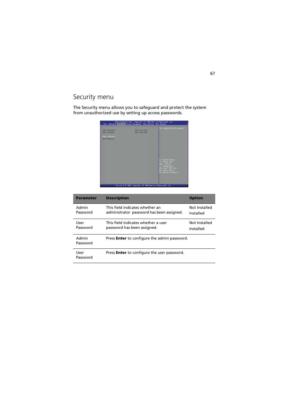 Security menu | Acer Altos G330 Series User Manual | Page 85 / 134