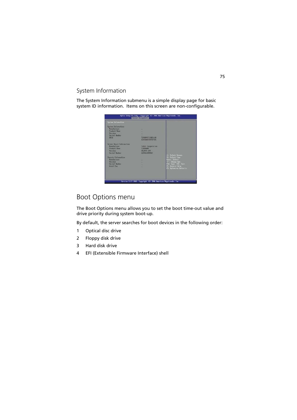 Boot options menu, System information | Acer Altos G330 Series User Manual | Page 93 / 134