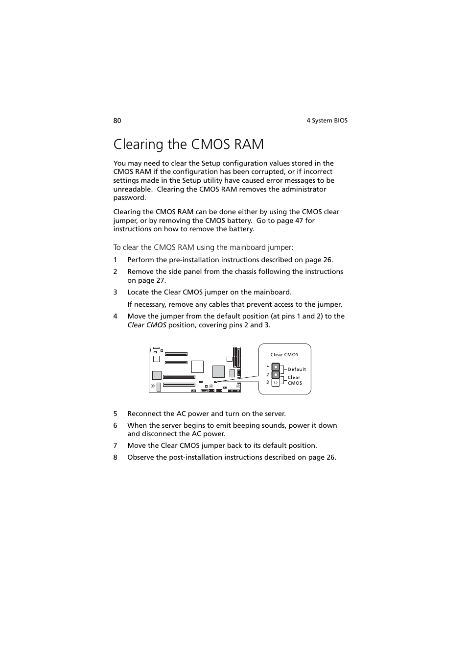 Clearing the cmos ram | Acer Altos G330 Series User Manual | Page 98 / 134