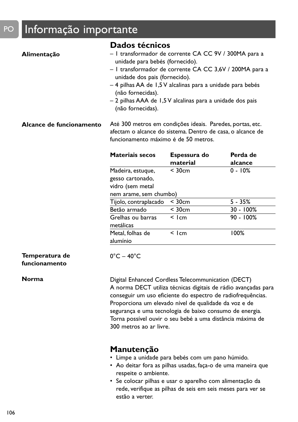 Informação importante, Dados técnicos, Manutenção | Philips DECT Babyphone User Manual | Page 106 / 184