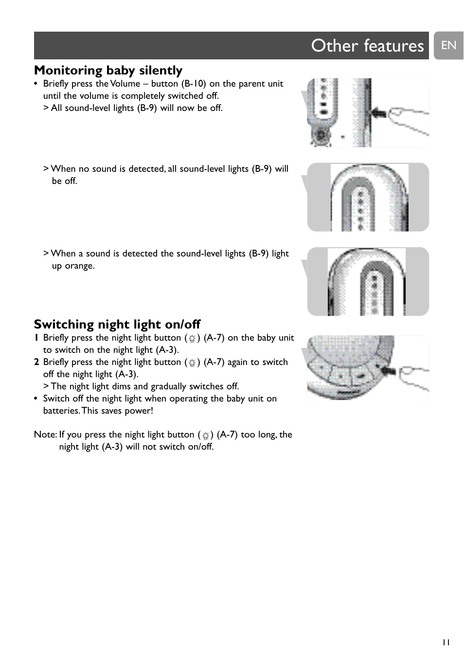 Other features, Monitoring baby silently, Switching night light on/off | Philips DECT Babyphone User Manual | Page 11 / 184