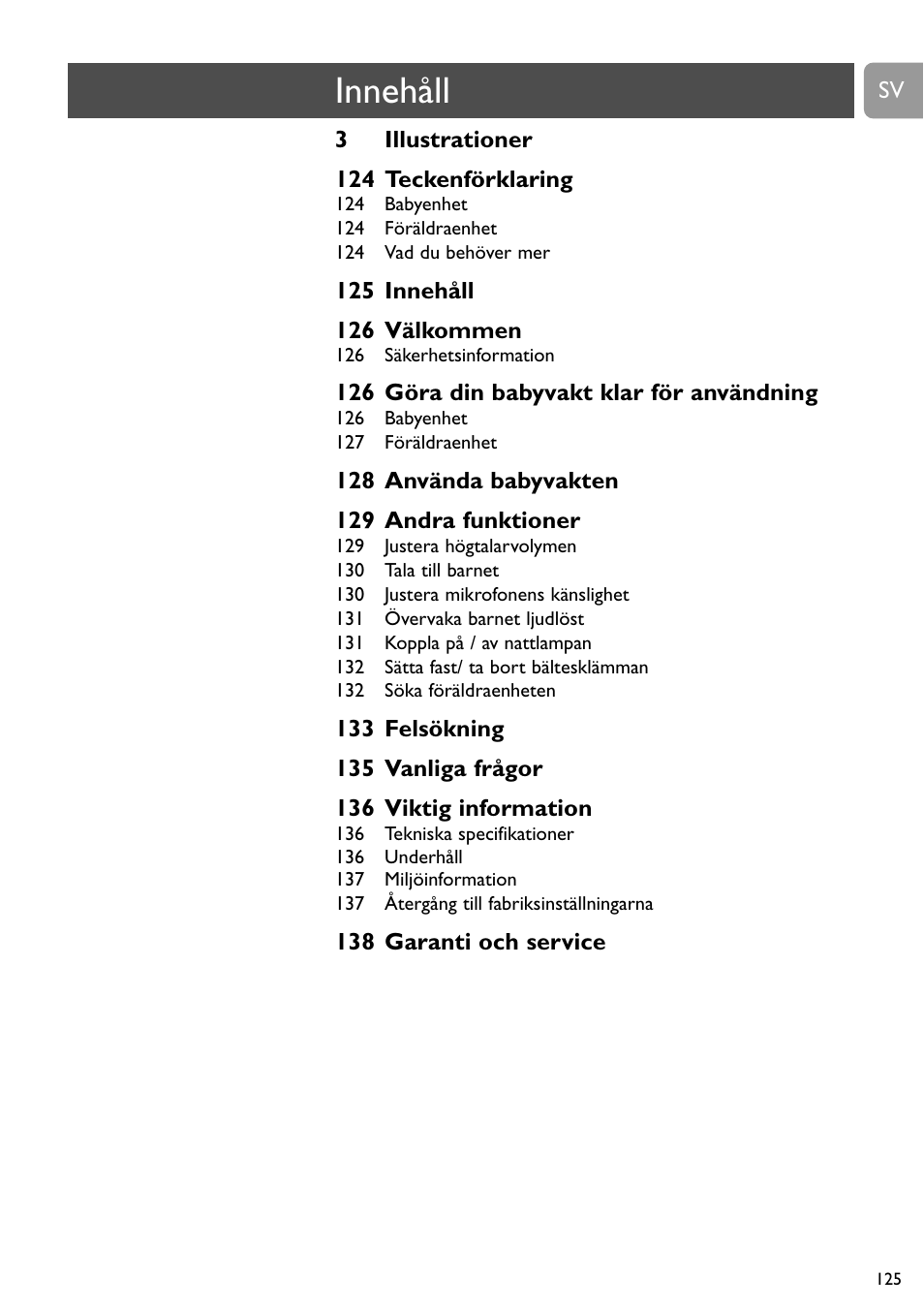 Innehåll | Philips DECT Babyphone User Manual | Page 125 / 184