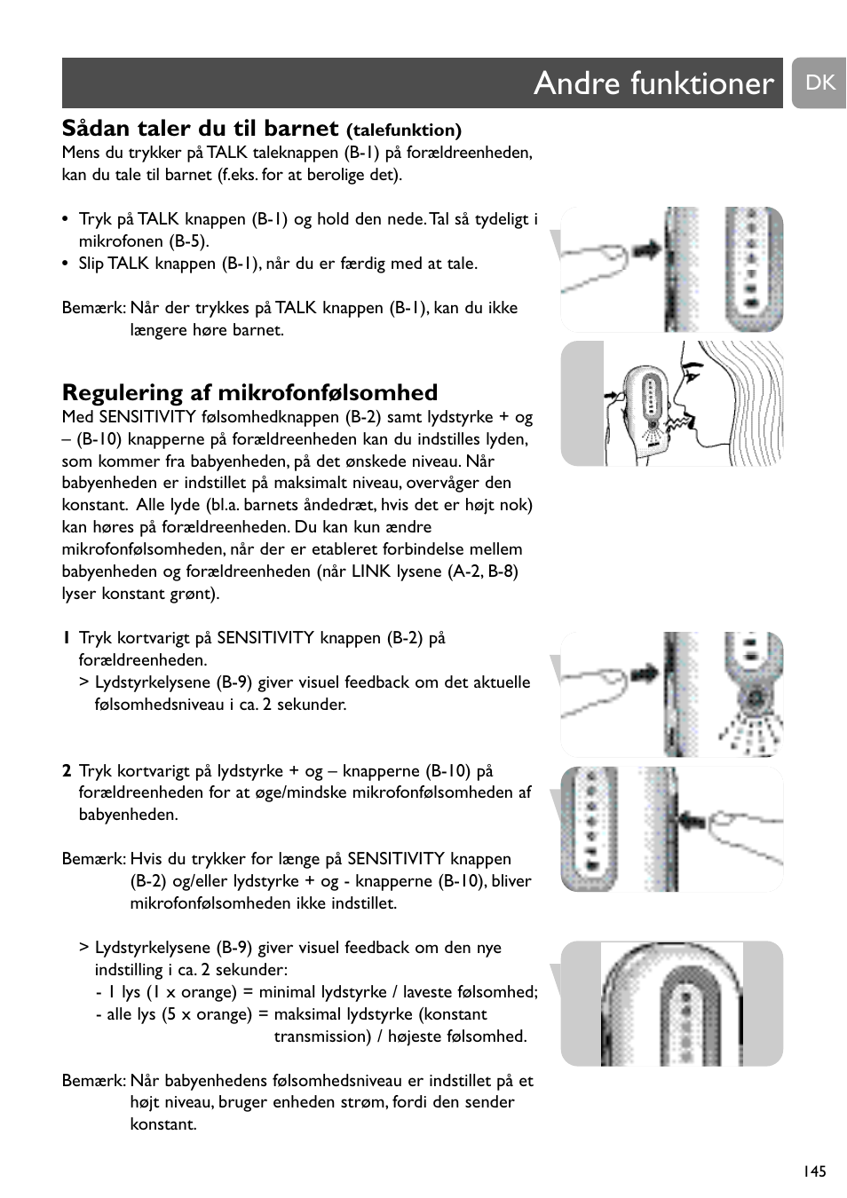 Andre funktioner, Sådan taler du til barnet, Regulering af mikrofonfølsomhed | Philips DECT Babyphone User Manual | Page 145 / 184