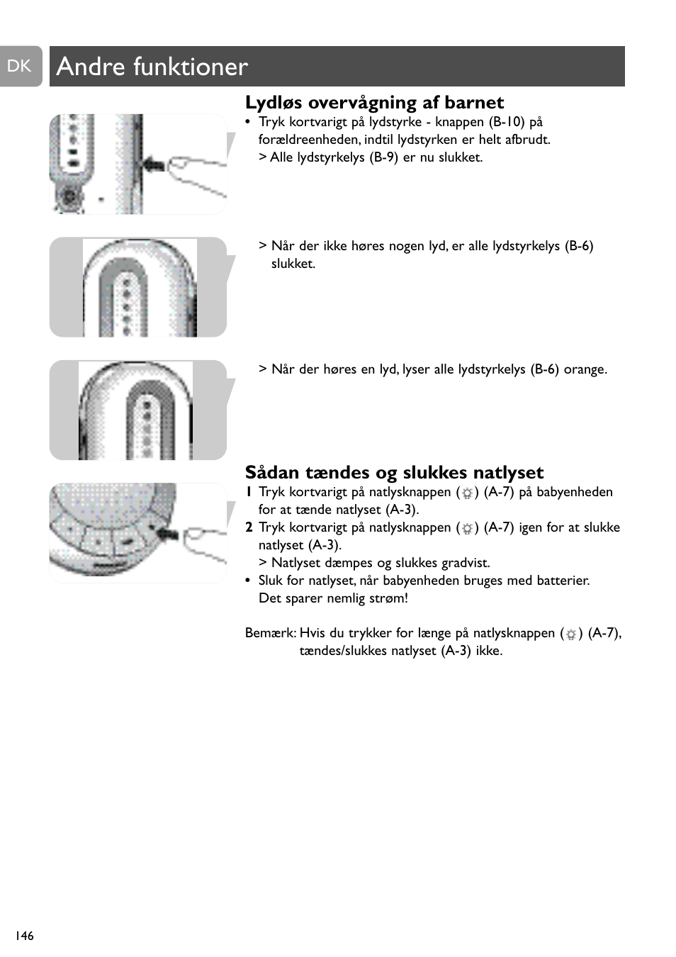 Andre funktioner, Lydløs overvågning af barnet, Sådan tændes og slukkes natlyset | Philips DECT Babyphone User Manual | Page 146 / 184