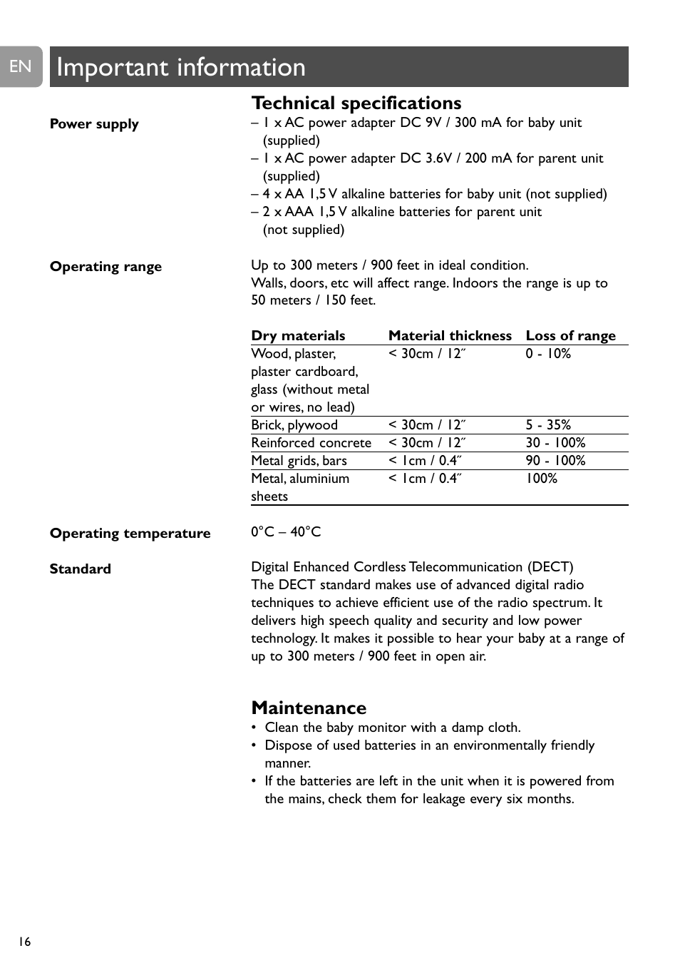 Important information, Technical specifications, Maintenance | Philips DECT Babyphone User Manual | Page 16 / 184