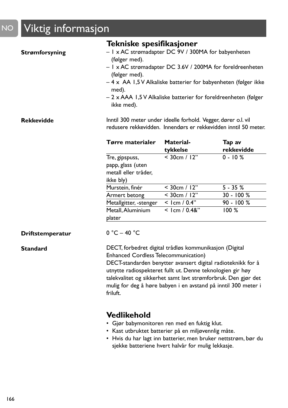 Viktig informasjon, Tekniske spesifikasjoner, Vedlikehold | Philips DECT Babyphone User Manual | Page 166 / 184