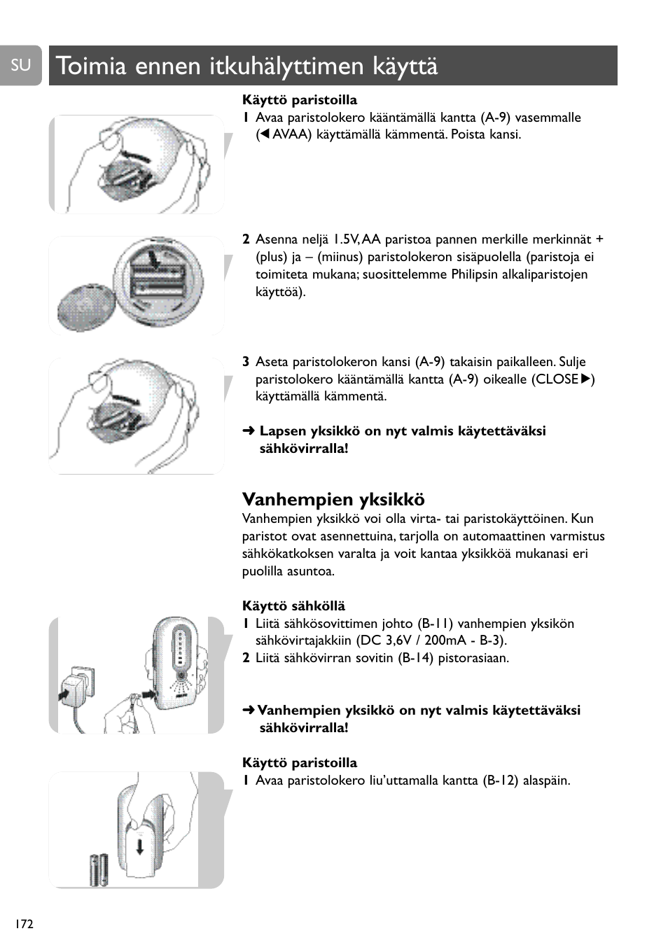Toimia ennen itkuhälyttimen käyttä, Vanhempien yksikkö | Philips DECT Babyphone User Manual | Page 172 / 184