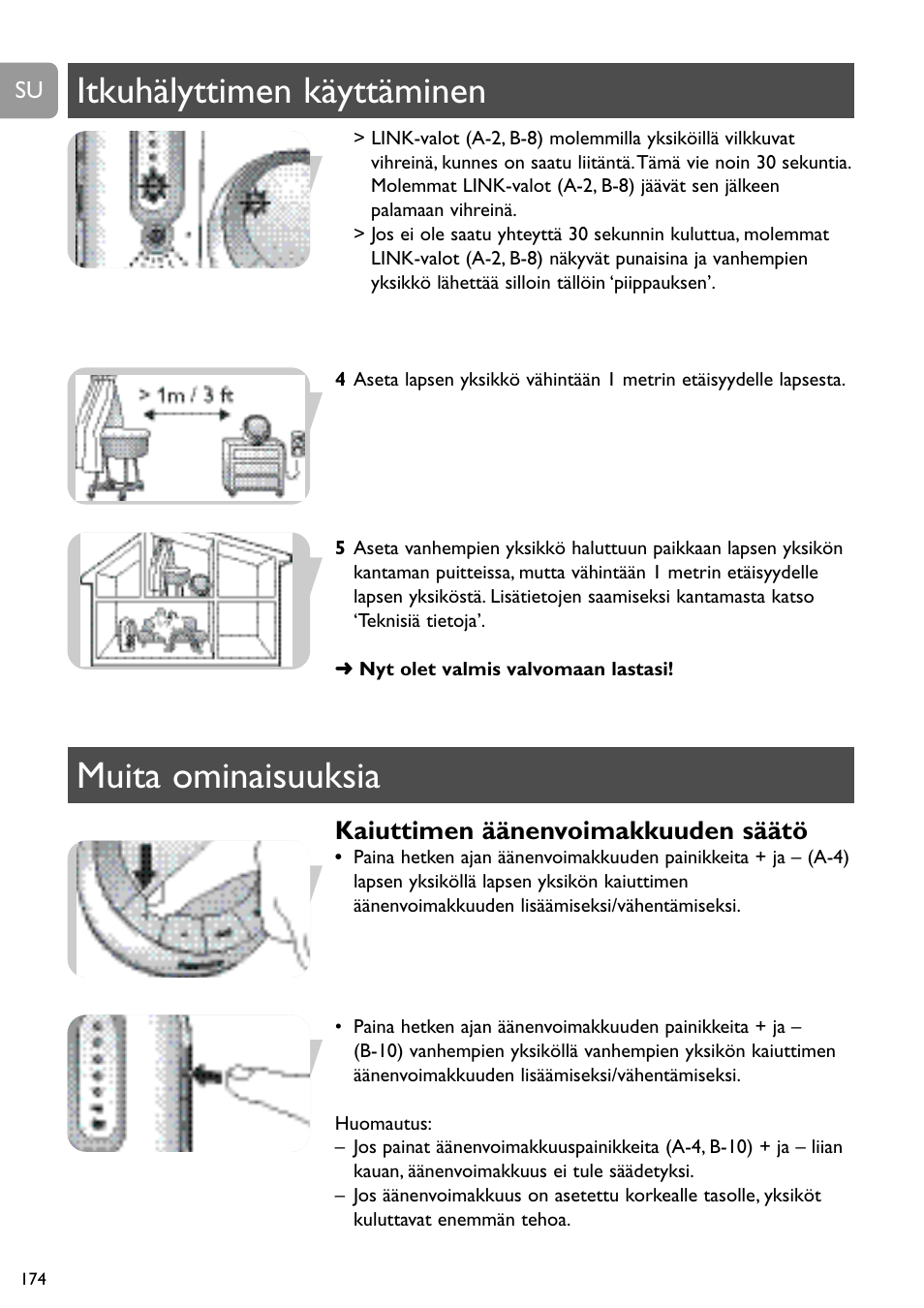 Itkuhälyttimen käyttäminen muita ominaisuuksia, Kaiuttimen äänenvoimakkuuden säätö | Philips DECT Babyphone User Manual | Page 174 / 184