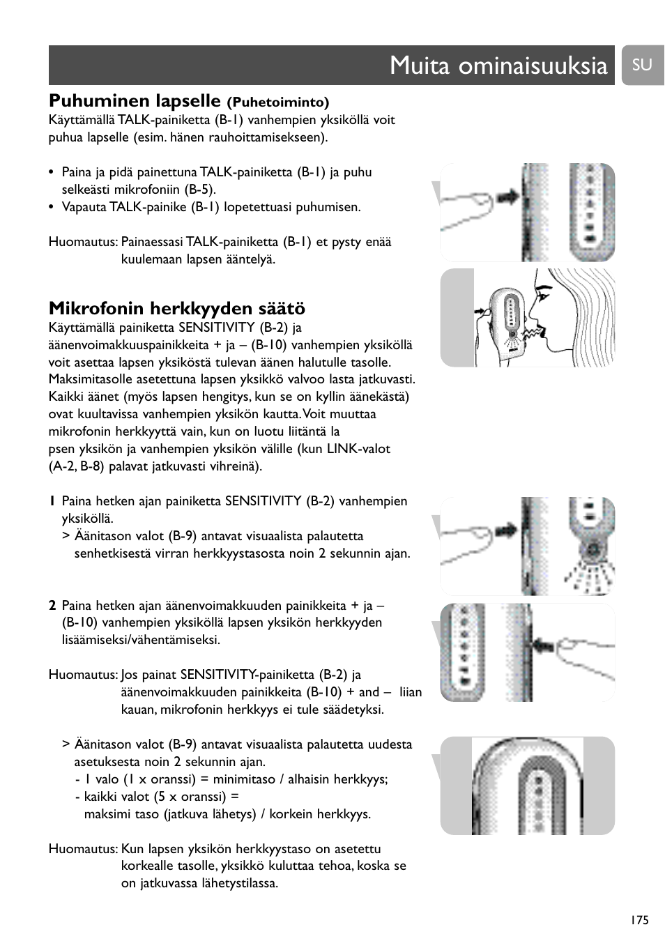 Muita ominaisuuksia, Puhuminen lapselle, Mikrofonin herkkyyden säätö | Philips DECT Babyphone User Manual | Page 175 / 184