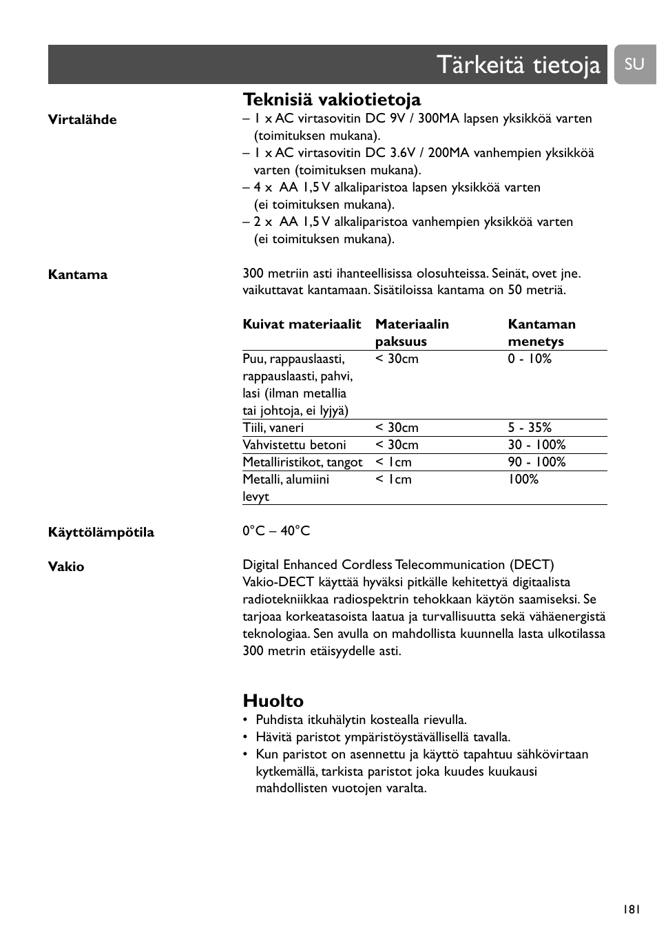 Tärkeitä tietoja, Teknisiä vakiotietoja, Huolto | Philips DECT Babyphone User Manual | Page 181 / 184