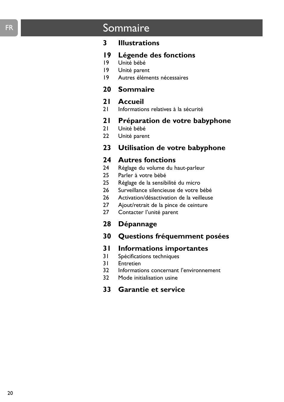 Sommaire | Philips DECT Babyphone User Manual | Page 20 / 184