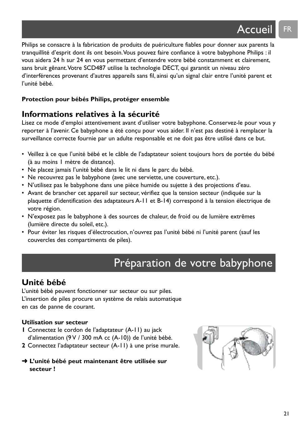 Accueil préparation de votre babyphone, Informations relatives à la sécurité, Unité bébé | Philips DECT Babyphone User Manual | Page 21 / 184