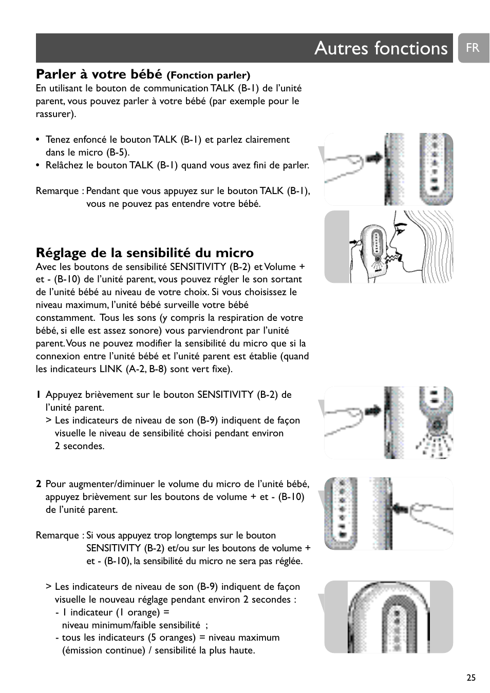 Autres fonctions, Parler à votre bébé, Réglage de la sensibilité du micro | Philips DECT Babyphone User Manual | Page 25 / 184
