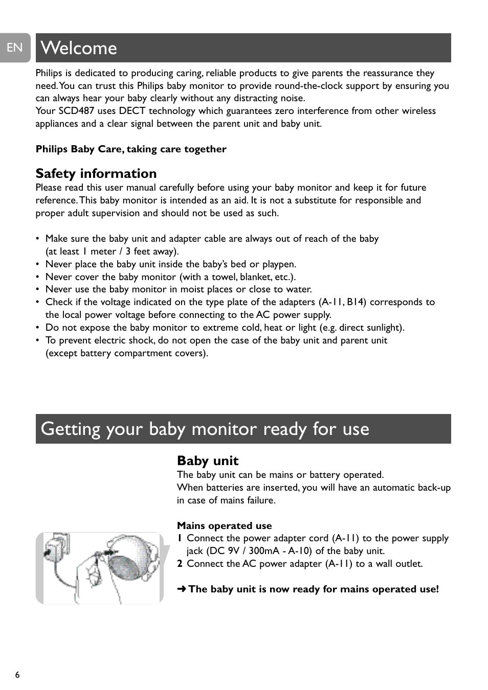 Welcome getting your baby monitor ready for use, Safety information, Baby unit | Philips DECT Babyphone User Manual | Page 6 / 184