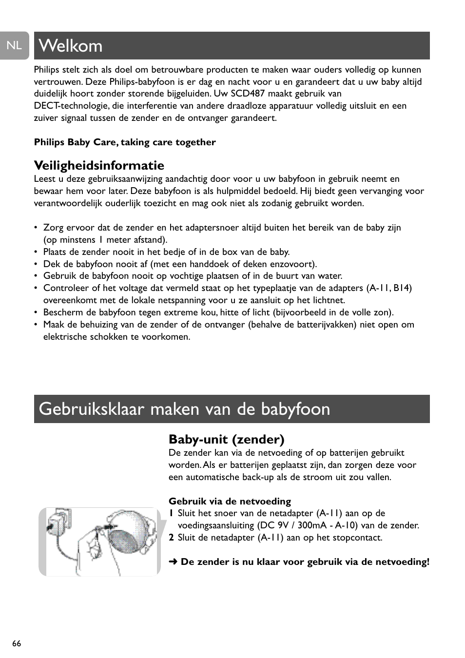 Welkom gebruiksklaar maken van de babyfoon, Veiligheidsinformatie, Baby-unit (zender) | Philips DECT Babyphone User Manual | Page 66 / 184