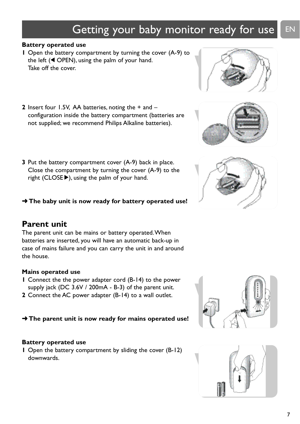 Getting your baby monitor ready for use, Parent unit | Philips DECT Babyphone User Manual | Page 7 / 184