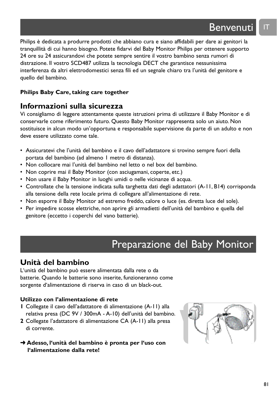 Benvenuti preparazione del baby monitor, Informazioni sulla sicurezza, Unità del bambino | Philips DECT Babyphone User Manual | Page 81 / 184