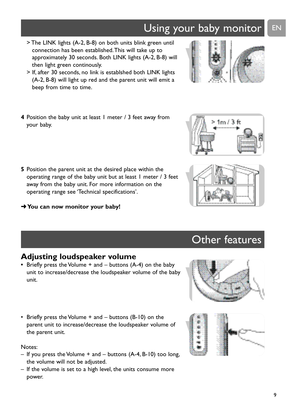 Using your baby monitor other features, Adjusting loudspeaker volume | Philips DECT Babyphone User Manual | Page 9 / 184