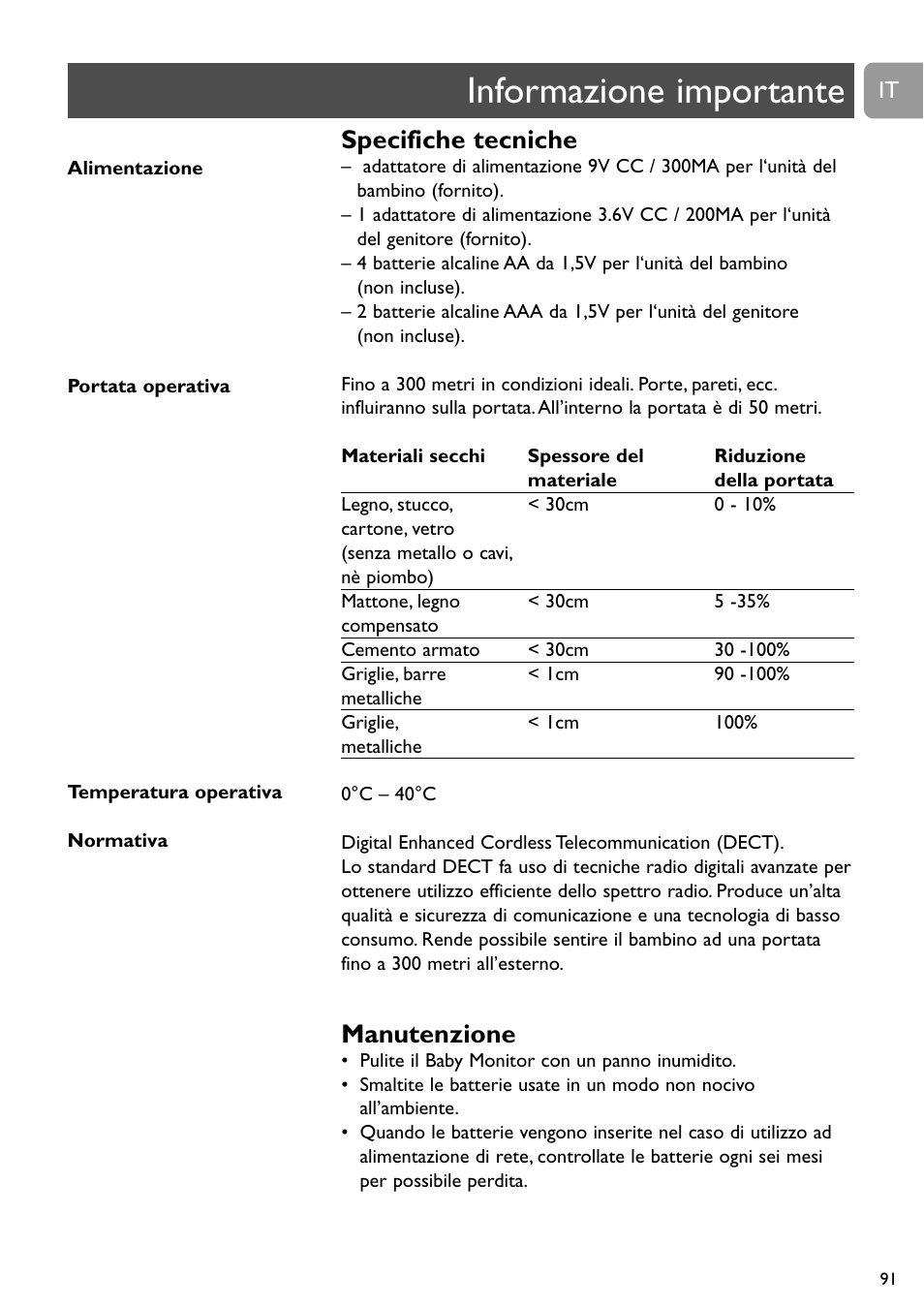 Informazione importante, Specifiche tecniche, Manutenzione | Philips DECT Babyphone User Manual | Page 91 / 184
