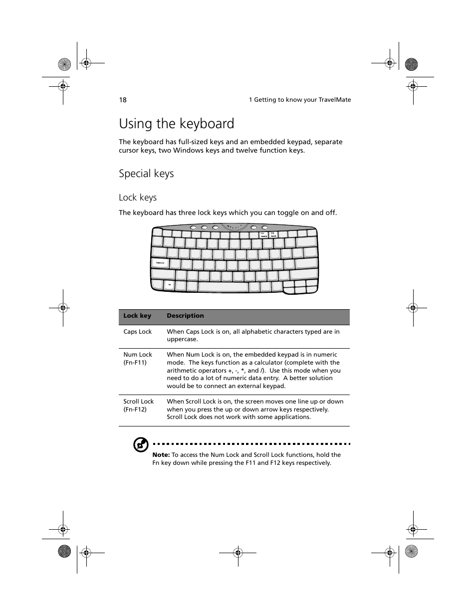 Using the keyboard, Special keys, Lock keys | Acer 100 Series User Manual | Page 28 / 94