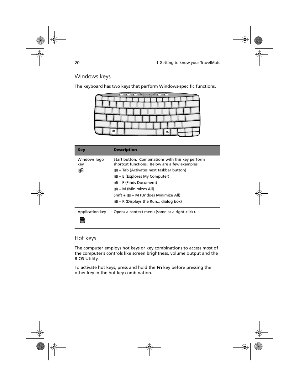 Windows keys, Hot keys | Acer 100 Series User Manual | Page 30 / 94