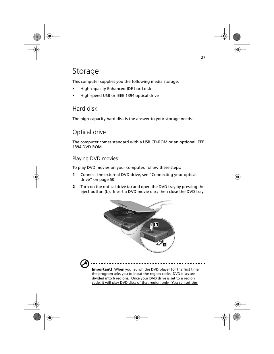 Storage, Hard disk, Optical drive | Acer 100 Series User Manual | Page 37 / 94